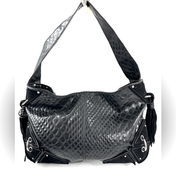 Jessica Simpson Black PVC East West Medium Shoulder Bag Leather Trim Tassels - Picture 1 of 10